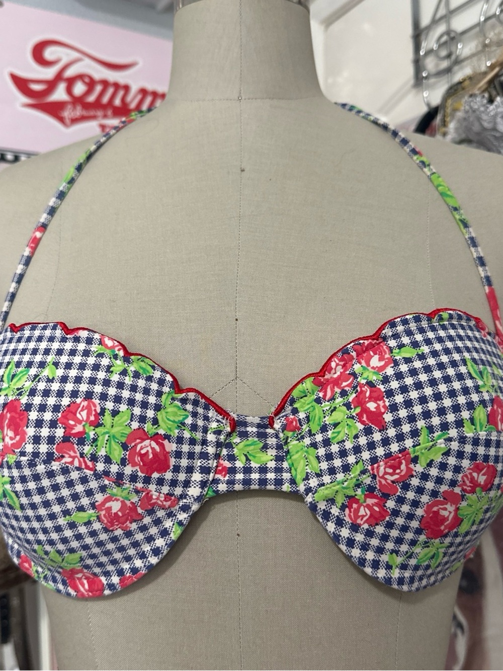 2010s Betsey Johnson Gingham Navy Bikini Set w/ Red Flower Detailing Size M/36B